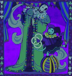  2boys banner colored_teeth commentary curtains deltarune device_username english_commentary flute green_robe hat highres hole_in_hand instrument jester jester_cap jevil multiple_boys neck_ruff on_ball playing_flute playing_instrument pointy_ears purple_theme robe scar_across_eyes skeleton utdr_(toby_fox) w.d._gaster yellow_teeth 