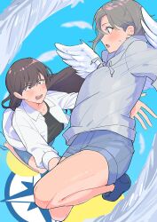  2girls absurdres angel_wings bang_dream! bang_dream!_it's_mygo!!!!! black_hair black_shirt blue_shorts blush brown_eyes commentary_request grey_hair grey_hoodie highres hood hood_down hoodie jacket long_hair mole mole_under_eye multiple_girls mygo!!!!!_logo_(bang_dream!) nanami_(nunnun_0410) open_clothes open_jacket open_mouth shiina_taki shirt short_hair shorts takamatsu_tomori violet_eyes white_jacket wings 