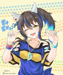  1girl absurdres animal_ear_piercing animal_ears bead_bracelet beads blue_hair blue_nails blue_shirt bracelet brown_hair collarbone commentary_request daitaku_helios_(fun_fun_party_night)_(umamusume) daitaku_helios_(umamusume) eyelashes facial_mark fang fingernails hair_between_eyes hair_bun hair_ornament hairclip highres horse_ears horse_girl jewelry long_hair multicolored_hair multicolored_nails multiple_bracelets nail_polish necklace one_side_up open_mouth shirt short_sleeves sidelocks single_side_bun smile solo star_(symbol) star_facial_mark star_hair_ornament teeth translation_request triangle triangle_facial_mark twitter_username two-tone_hair two-tone_nails uma_motiyodor umamusume upper_body yellow_background yellow_eyes 