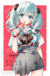  1girl argyle_clothes argyle_sweater_vest blue_hair blue_sweater_vest border closed_mouth collared_shirt commentary cowboy_shot food food-themed_background food-themed_hair_ornament grey_shorts hair_between_eyes hair_intakes hair_ornament hatsune_miku holding holding_food long_hair looking_at_viewer outside_border plaid_clothes plaid_shorts popsicle red_background school_uniform shirt short_sleeves shorts solo suimya sweater_vest twintails untranslatable_commentary vocaloid watermelon_bar watermelon_hair_ornament white_border white_shirt 