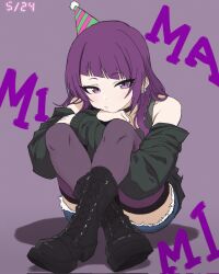  1girl birthday black_boots boots crossed_ankles cutoffs denim denim_shorts diagonal_bangs earrings full_body green_jacket hat head_on_hand head_rest highres hodo_(hodo49894989) idolmaster idolmaster_shiny_colors jacket jacket_partially_removed jewelry knees_up long_hair off_shoulder party_hat purple_hair purple_thighhighs shorts sitting solo tanaka_mamimi thigh-highs violet_eyes 