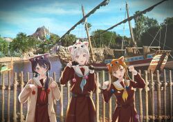  3girls :d animal_hat aqua_neckerchief black_bow black_choker black_gloves black_hat blue_eyes blue_hair blue_ribbon bob_cut bow braid brown_cardigan brown_dress brown_hair cardigan cat_hat center-flap_bangs choker colored_inner_hair commentary_request diagonal_bangs disneyland dollchestra dress gloves hair_bow hair_ornament hair_ribbon half_gloves hasu_no_sora_school_uniform hat highres inverted_bob kachimachi_kosuzu long_hair long_sleeves love_live! love_live!_hasu_no_sora_jogakuin_school_idol_club low_twintails lower_teeth_only medium_dress mole mole_on_neck multicolored_hair multiple_girls murano_sayaka neckerchief o-ring o-ring_choker open_cardigan open_clothes open_mouth orange_hat outdoors paw_pose photo_background pink_eyes pleated_dress railing red_hair red_neckerchief ribbon sailor_collar sailor_dress school_uniform ship short_hair side_braids smile star_(symbol) star_hair_ornament straight_hair streaked_hair suito teeth twintails twitter_username virtual_youtuber volcano watercraft white_hair white_hat white_sailor_collar winter_uniform wooden_railing yellow_neckerchief yugiri_tsuzuri 