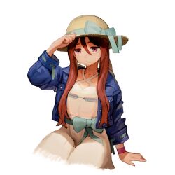  1girl adjusting_clothes adjusting_headwear aqua_bow arm_up blush bow bracelet breasts brown_hair caravan_stories closed_mouth commentary_request cropped_jacket cropped_legs frown green_jacket hair_between_eyes hair_over_shoulder halter_shirt halterneck hand_on_ground hat hat_bow high-waist_pants highres jacket jewelry jun_(navigavi) long_hair long_sleeves looking_at_viewer minmi_(caravan_stories) official_alternate_costume open_clothes open_jacket pants shirt simple_background sitting small_breasts solo straw_hat violet_eyes waist_bow white_background white_pants white_shirt 