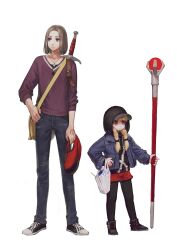  1boy 1girl absurdres ankle_boots bag baseball_cap belt belt_buckle black_boots black_hat black_hoodie black_pantyhose black_scrunchie black_shirt black_shoes blonde_hair blue_eyes blue_jacket boots braid brown_belt brown_hair buckle casual closed_mouth collarbone commentary_request denim dragon_quest dragon_quest_xi fantasy full_body grey_pants hair_ornament hair_scrunchie hand_on_own_hip hand_tattoo hat hero_(dq11) highres holding holding_bag holding_staff hood hood_up hoodie jacket jeans jewelry jun_(navigavi) korean_commentary lips long_hair long_sleeves looking_to_the_side making-of_available necklace nose nose_shade open_clothes open_jacket pants pantyhose plastic_bag purple_sweater red_bag red_shorts scrunchie serious shirt shirt_peek shoes short_shorts shorts shoulder_bag simple_background sneakers staff standing sweater sword sword_on_back tattoo twin_braids veronica_(dq11) violet_eyes weapon weapon_on_back white_background yellow_bag 