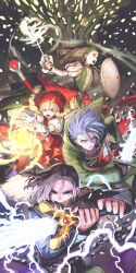  2boys 2girls aerokinesis arms_up battle bead_necklace beads black_gloves black_hair black_jacket blonde_hair blue_eyes blue_hair bracelet braid brown_hair camus_(dq11) casting_spell commentary_request covered_mouth debris dragon_quest dragon_quest_xi dress dual_wielding earrings electricity electrokinesis fighting_stance fingerless_gloves fingernails fire floating_hair full_body gloves glowing glowing_sword glowing_weapon green_dress green_hairband green_jacket hair_between_eyes hair_ornament hair_scrunchie hairband hat hero_(dq11) highres holding holding_shield holding_staff holding_sword holding_weapon hood hood_down hooded_jacket jacket jewelry juliet_sleeves jun_(navigavi) light_particles long_hair long_sleeves looking_at_viewer looking_to_the_side magic making-of_available multiple_boys multiple_girls necklace nose nose_shade open_hands open_mouth orange_scrunchie parted_lips ponytail puffy_short_sleeves puffy_sleeves purple_shoes pyrokinesis red_dress red_hat red_skirt scrunchie senya_(dq11) shield shoes short_hair short_sleeves skirt square_neckline staff sword teeth twin_braids two-tone_dress upper_body upper_teeth_only veronica_(dq11) violet_eyes weapon white_dress wind 