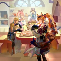  4girls :d absurdres ahoge angelina_(arknights) angelina_the_mellow_wish_(arknights) animal_ear_fluff animal_ears arknights bench black_collar black_gloves black_hairband blonde_hair brown_hair cake camera chinese_commentary collar commentary_request cup detached_sleeves diyuhuoshanzhangyu dress food fox_ears fox_girl gloves hair_between_eyes hairband highres holding holding_camera holding_cup indoors infection_monitor_(arknights) jacinta_(arknights) kitchen long_hair long_sleeves looking_at_viewer looking_back multicolored_hairband multiple_girls open_mouth orange_gloves originium_slug_(arknights) pink_hair pizza rabbit_ears rabbit_girl raccoon_ears raccoon_girl shelf sitting smile standing table thumpy_(arknights) timeslot_(arknights) twintails two-tone_hairband white_dress window 