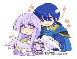  1boy 1girl angel_wings blue_eyes blue_hair brother_and_sister cape circlet dress fire_emblem fire_emblem:_genealogy_of_the_holy_war headband julia_(fire_emblem) open_mouth purple_hair seliph_(fire_emblem) siblings simple_background smile violet_eyes white_headband wings yukia_(firstaid0) 