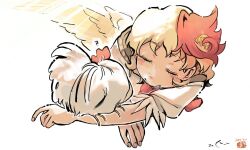  1girl animal_on_arm animal_on_head baby_animal bird bird_on_arm bird_on_head blonde_hair blush chick chicken closed_eyes commentary emoticon feathered_wings fingernails kokechankokko multicolored_hair neckerchief niwatari_kutaka on_head red_hair red_neckerchief saliva shirt sleeping solo touhou two-tone_hair untranslatable_commentary upper_body white_background white_shirt wings zzz 