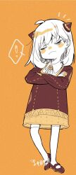  ! 1girl ahoge anya_(spy_x_family) black_dress black_shoes child commentary_request crossed_arms dress eden_academy_school_uniform frown full_body gold_trim hairpods highres looking_at_another medium_hair one_eye_closed orange_background school_uniform shoes solo spoken_exclamation_mark spy_x_family standing thigh-highs umini_ikukara white_thighhighs 