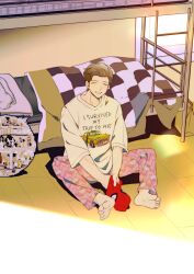 1boy absurdres bed blanket blue_pajamas brown_hair bunk_bed closed_eyes feet highres holding holding_mask indoors marvel mask pajamas peter_parker pillow shirt short_hair sitting smile spider-man spider-man_(series) spread_legs stairs t-shirt toes w2rom wide_spread_legs 