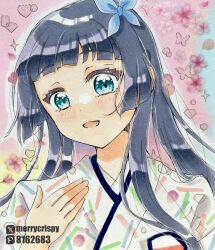  1girl :d blue_bow blue_eyes blue_hair blunt_bangs blush bow commentary_request hair_bow hime_cut ikizulive!_love_live!_bluebird japanese_clothes kimono komagata_hanabi long_hair looking_at_viewer love_high_school_uniform love_live! nagatsuki_chihoru open_mouth pink_background pixiv_id pixiv_logo portrait school_uniform sidelocks smile solo twitter_username twitter_x_logo white_kimono 
