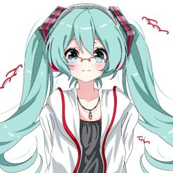  1girl arms_behind_back black_shirt blue_eyes blue_hair blush closed_mouth collarbone commentary_request double-parted_bangs glasses hair_between_eyes hato_tototo hatsune_miku jacket long_hair looking_at_viewer open_clothes open_jacket over-rim_eyewear red-framed_eyewear semi-rimless_eyewear shirt simple_background smile solo twintails upper_body vocaloid white_background white_jacket 