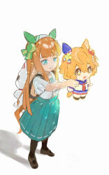  1girl animal_ears black_shoes character_doll closed_mouth commentary doll ear_covers english_commentary green_eyes green_ribbon green_skirt hairband highres holding holding_stuffed_toy horse_ears horse_girl horse_tail long_hair maneki-neko mary_janes matikanefukukitaru_(rising_fortune)_(umamusume) matikanefukukitaru_(umamusume) neck_ribbon orange_hair pleated_skirt ribbon shadow shirt shoes short_sleeves silence_suzuka_(casual)_(umamusume) silence_suzuka_(umamusume) simple_background sirius_ica skirt smile solo standing stuffed_toy tail umamusume white_background white_hairband white_shirt 