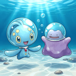  :d air_bubble black_eyes blue_eyes bubble commentary_request cosmicspacekai ditto happy highres light_rays manaphy open_mouth pokemon pokemon_(creature) smile underwater 