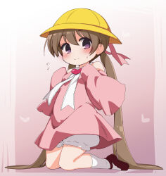  1girl bloomers blush brooch brown_hair child collared_dress dress hat heart heart_brooch highres jewelry kasukeomote kindergarten_uniform looking_at_viewer low_twintails pink_dress pink_sleeves ribbon school_hat sleeves_past_fingers sleeves_past_wrists solo tsukuyomi_ai twintails violet_eyes voiceroid white_bloomers white_ribbon yellow_hat 