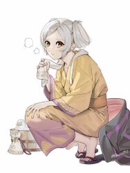  1girl abinosu0903 blush female_robin_(fire_emblem) female_robin_(onsen_tactician)_(fire_emblem) fingernails fire_emblem fire_emblem_awakening fire_emblem_heroes highres japanese_clothes looking_at_viewer nail_polish official_alternate_costume official_alternate_hairstyle pink_nails sandals short_hair simple_background solo sweat toenail_polish toenails twitter_username white_background white_hair yellow_eyes 