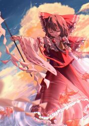  1girl absurdres ascot bow brown_hair closed_eyes clouds commentary_request detached_sleeves evening fish frilled_bow frilled_hair_tubes frills gohei goldfish hair_bow hair_tubes hakurei_reimu highres holding holding_gohei long_hair open_mouth red_bow red_skirt reflection reflective_liquid ribbon-trimmed_sleeves ribbon_trim ripples skirt skirt_set solo touhou water xing_ning yellow_ascot 
