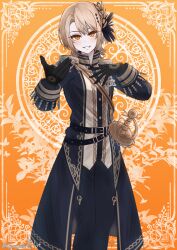  1girl aiguillette belt black_coat black_gloves black_pants blonde_hair coat commentary_request curtained_hair diamond_hair_ornament epaulettes gloves hair_ornament hand_on_own_chest hasumi_leia high_collar highres long_sleeves looking_at_viewer mahou_shoujo_no_majo_saiban nyozuki_(trid) outstretched_hand pants sash short_hair shoulder_sash smile solo sword teeth weapon yellow_background yellow_eyes 