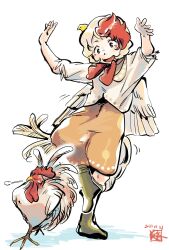  1girl :d animal_on_head arms_up baby_animal bird bird_tail bird_wings blonde_hair blush boots chick chicken commentary_request dated feathered_wings full_body green_boots highres kokechankokko medium_hair multicolored_hair neckerchief niwatari_kutaka on_head orange_skirt puff_of_air red_eyes red_hair red_neckerchief shirt short_sleeves skirt smile solo tail touhou two-tone_hair white_shirt wings 