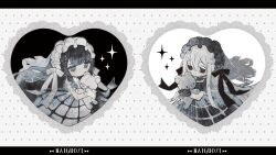  2girls accurate_lolita_coord artist_name black_bow black_choker black_dress black_eyes black_gloves black_hair black_ribbon black_veil blush border bow choker closed_mouth colored_eyelashes commentary_request crinoline dot_mouth dotted_background dress frilled_choker frilled_gloves frilled_sleeves frills gloves gothic_lolita grey_eyes hair_between_eyes hair_ribbon hairband highres holding holding_stuffed_toy lace lace_border light_smile lolita_fashion lolita_hairband long_hair multiple_girls naiguozi no_pupils original ornate_border puffy_short_sleeves puffy_sleeves ribbon see-through_clothes see-through_sleeves see-through_veil short_sleeves smile sparkle striped_clothes striped_dress stuffed_animal stuffed_toy teddy_bear torn_clothes torn_dress torn_veil veil very_long_hair white_bow white_choker white_dress white_eyelashes white_gloves white_hair white_ribbon white_veil 