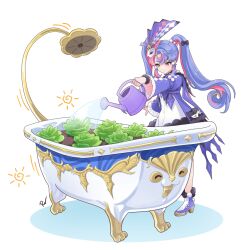  1girl closed_mouth commentary dress heterochromia highres holding holding_watering_can jacket lettuce multicolored_hair pink_eyes pink_hair purple_hair purple_jacket rayanawolfer roccia_(wuthering_waves) simple_background solo tacet_discord_(wuthering_waves) tubpup_(wuthering_waves) twintails two-tone_hair watering_can white_background white_dress wuthering_waves yellow_eyes 