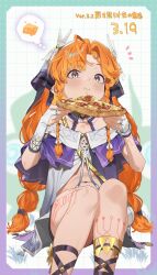  1girl absurdres ahoge aqua_eyes asymmetrical_gloves blush body_markings braid braided_sidelocks bridal_gauntlets cheese cheese_trail closed_mouth commentary_request eating food gloves hans.b highres holding holding_food holding_pizza jacket long_hair mismatched_gloves multi-tied_hair multicolored_jacket multiple_braids off-shoulder_jacket off_shoulder orange_hair pizza pizza_slice purple_shorts shorts sidelocks sigrika_(wuthering_waves) sitting solo speech_bubble thought_bubble translation_request two-tone_jacket uneven_gloves veil very_long_hair white_bridal_gauntlets white_jacket white_veil wuthering_waves 