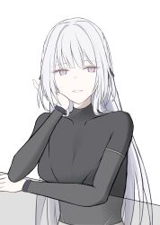 1girl absurdres alternate_hair_length_(longer) arm_support black_bodysuit bodysuit breasts commentary english_commentary girls_frontline grey_hair hair_ornament hairclip hand_on_own_cheek hand_on_own_face highres long_hair long_sleeves looking_at_viewer medium_breasts open_mouth rpk-16_(girls'_frontline) simple_background smile solo upper_body violet_eyes white_background woon 