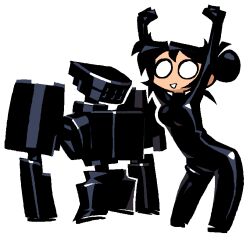  1girl armor arms_up black_armor black_bodysuit black_hair black_theme blank_eyes bodysuit breasts clenched_hands commentary edith_(teknodice) english_commentary hair_bun happy humanoid_robot original pentel_(teknodice) robot small_breasts smile solid_eyes teknodice upper_body white_background 