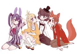  4girls animal_ears arm_at_side arm_up artist_name barefoot bear_ears bear_girl bib black_bow black_bowtie black_choker blonde_hair blush bonnie_(fnaf) bow bowtie bracelet breasts brown_hair brown_pants chica choker clothes_writing collared_shirt commentary_request dress earrings english_text eyepatch five_nights_at_freddy's five_nights_at_freddy's_1 flat_color fluffy_hair fox_ears fox_girl fox_tail foxy_(fnaf) freddy_fazbear full_body genderswap genderswap_(mtf) grey_shorts hair_intakes hand_in_own_hair hand_on_floor highres humanization jacket jewelry kneeling knees_together_feet_apart knees_up leaning_forward long_hair long_sleeves looking_at_another maid_headdress meme_(penpengusa_no_meme) multiple_earrings multiple_girls necklace one_eye_closed one_eye_covered orange_dress orange_shoes pants pocket ponytail purple_hair purple_shirt rabbit_ears rabbit_girl rabbit_tail red_bow red_bowtie red_eyes red_jacket see-through_clothes see-through_sleeves seiza shirt shoes short_hair short_shorts short_tail shorts sidelocks signature simple_background sitting sketch small_breasts socks striped_clothes striped_shirt suspender_pants suspenders tail traditional_bowtie twintails white_background white_shirt white_socks yellow_eyes yokozuwari 
