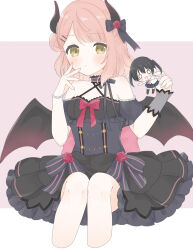  2girls :t absurdres bare_shoulders black_dress black_hair blue_skirt blush braid braided_base bun_with_braided_base closed_mouth commentary criss-cross_halter cropped_legs demon_girl demon_horns demon_wings dress frilled_dress frills gradient_hair gradient_horns gradient_wings green_hair hair_bun hair_ornament hairclip halterneck highres holding holding_mini_person horns invisible_chair looking_at_viewer love_live! love_live!_nijigasaki_high_school_idol_club mini_person minigirl miniskirt multicolored_hair multicolored_horns multicolored_wings multiple_girls neck_ribbon nijigasaki_school_uniform off-shoulder_dress off_shoulder parallel_hairclips pink_background pink_hair pink_ribbon pleated_skirt pout red_horns red_wings ribbon school_uniform shirt short_sleeves simple_background single_side_bun sitting skirt summer_uniform takasaki_yu tokimeki_fes_tenshi_to_akuma_kara_no_shoutaijou twintails uehara_ayumu umi_(nana_spring) white_shirt wings 