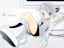  1boy apple_inc. black_shorts blue_eyes boots cable commentary computer english_commentary english_text full_body grey_boots grey_hair grey_helmet grey_shirt harumisurya helmet knee_boots leaning_back long_sleeves looking_at_viewer male_focus monitor no_mouth original os-tan shirt short_hair short_shorts shorts sitting solo zipper 
