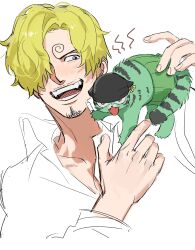  2boys animal_on_shoulder blonde_hair blue_eyes cat commentary_request curly_eyebrows earrings facial_hair goatee green_cat hair_over_one_eye haramaki highres jewelry multiple_boys mustache one_piece roronoa_zoro sanji_(one_piece) short_hair simple_background smile sweetdou3 white_background 