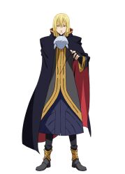  1boy artist_request black_cape black_gloves blonde_hair blue_eyes boots cape closed_mouth collared_cape fingerless_gloves full_body gloves grey_boots grey_pants grey_robe hair_between_eyes hand_up leon_cromwell long_hair looking_at_viewer official_art pants red_cape robe second-party_source simple_background solo standing tensei_shitara_slime_datta_ken transparent_background two-sided_cape two-sided_fabric yellow_trim 