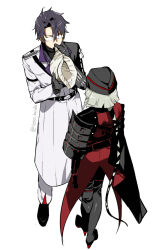  2boys armor belt black_belt black_boots black_gloves black_hair black_hat black_pants black_shirt black_shoes boots character_request coat from_behind full_body glasses gloves hair_between_eyes hat holding_seashell jacket japanese_armor kaidou_j1 male_focus multiple_boys nikkou_ichimonji_(touken_ranbu) pants parted_hair red_jacket seashell shell shirt shoes shoulder_armor simple_background standing touken_ranbu twitter_username white_background white_coat white_hair white_pants 