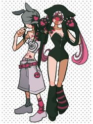  2girls alien_stage animal_ear_headwear asymmetrical_legwear beanie belt black_hair black_hat black_leg_warmers black_leotard camisole commentary crop_top earflap_beanie grey_hat grey_shorts grey_socks hair_over_eyes hat highres leg_warmers leotard long_hair mismatched_leg_warmers mismatched_legwear mismatched_socks mizi_(alien_stage) mizi_(zombie_stage) multiple_girls narrow_waist navel official_alternate_costume panties panty_peek paw_print pink_belt pink_hair pink_socks polka_dot polka_dot_background polka_dot_socks rabbit_ear_headwear shikaku00000 shorts socks spiral_print star_(symbol) star_belt_buckle strap_slip strapless strapless_leotard striped_leg_warmers sua_(alien_stage) sua_(zombie_stage) twintails underwear untranslatable_commentary very_long_hair white_camisole zipper zipper_leotard zombie_stage 