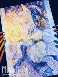  1girl animal_ears art_tools_in_frame baby_animal bare_shoulders blue_dress blue_hairband closed_mouth colored_pencil colored_pencil_(medium) commentary_request cowboy_shot detached_sleeves dress facial_mark foal forehead_mark frilled_dress frilled_hairband frills glowing hairband hands_up highres horns horse_ears long_hair looking_at_animal mion_(beluga_song) original pencil photo_(medium) puffy_sleeves see-through_clothes see-through_sleeves single_horn solo standing star_(symbol) strapless strapless_dress traditional_media twitter_username undersized_animal unicorn unicorn_girl unicorn_horn violet_eyes watermark white_dress white_hair white_sleeves 