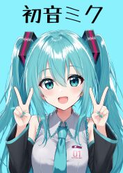  1girl :d absurdres aqua_background aqua_eyes aqua_hair aqua_nails aqua_necktie bare_shoulders blush character_name collared_shirt colored_eyelashes commentary_request detached_sleeves double_v evagta1taityo eyelashes frilled_shirt frilled_shirt_collar frills grey_shirt hair_between_eyes hair_intakes hair_ornament hands_up happy hatsune_miku highres long_hair long_sleeves looking_at_viewer nail_polish necktie open_mouth shirt sidelocks simple_background sleeveless sleeveless_shirt smile solo tareme twintails upper_body v very_long_hair vocaloid wide_sleeves 