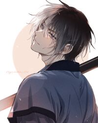  1boy absurdres adam's_apple akatsuki_no_yona akehata_hikari black_hair blue_eyes blue_robe border hair_between_eyes hak_(akatsuki_no_yona) happy_birthday highres holding holding_polearm holding_weapon korean_clothes looking_back male_focus mixed-language_commentary polearm robe round_border short_hair solo twitter_username upper_body weapon white_border 