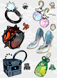  absurdres blacephalon bracelet buzzwole celesteela charm_(object) dated dice earrings grey_background high_heels highres jewelry no_humans objectification pheromosa pokemon pokemon_(creature) reference_inset ring signature stakataka sukepmonster xurkitree 