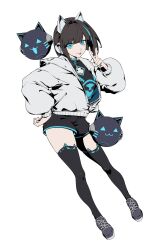  1girl animal_ear_headphones animal_ear_legwear animal_ears asakura_neko_(neko_ii) bad_link black_shirt black_shoes black_shorts black_thighhighs blue_eyes blue_hair blue_trim brown_hair cat_ear_headphones cat_ear_legwear cat_ears cytus cytus_ii fake_animal_ears full_body headphones highres hood hoodie long_sleeves mato-c meowbot multicolored_hair partially_unzipped print_shirt shirt shoes shorts simple_background sneakers solo streaked_hair thigh-highs white_background white_hoodie 