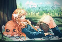  1girl black_boots blue_jacket book boots forest highres ishmael_(project_moon) jacket knees_up limbus_company long_hair looking_at_viewer lying meem_0811 nature necktie on_back orange_hair orange_necktie park picnic_blanket project_moon solo stuffed_animal stuffed_octopus stuffed_toy very_long_hair 