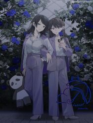  2girls bang_dream! bang_dream!_it's_mygo!!!!! black_hair blue_flower blue_rose breasts commentary_request dress_shirt earrings flower grey_pants hand_in_pocket highres holding holding_flower jacket jacket_on_shoulders jewelry lehcar locked_arms long_hair long_sleeves medium_breasts medium_hair mole mole_under_eye multiple_girls open_mouth pants purple_jacket rose shiina_taki shirt stuffed_animal stuffed_panda stuffed_toy violet_eyes white_flower white_rose white_shirt yahata_umiri 