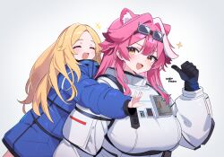  2girls animal_ears artist_name black_choker blonde_hair blue_jacket blush breasts choker closed_eyes commentary diana_(pragmata) english_commentary fang forehead goggles goggles_on_head hair_intakes happy highres hololive hololive_english huge_breasts jacket long_hair long_sleeves multicolored_hair multiple_girls o-rindou5100 open_mouth panther_ears panther_girl parted_bangs pink_hair pragmata raora_panthera skin_fang smile streaked_hair thumbs_up two-tone_hair virtual_youtuber white_background yellow_eyes 