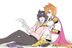  2girls :t absurdres animal_ears armor arms_around_neck asymmetrical_hair behind_another belt black_hair blush boots bracer cape closed_mouth collared_shirt commentary crossed_legs crown dress_shirt ear_ornament english_commentary female_trainer_(umamusume) from_side glasses gold_corset high_heel_boots high_heels highres holding holding_paper horse_ears horse_girl horse_tail hug hug_from_behind jacket jewelry leaning_back long_sleeves looking_at_another mochiwasabii multicolored_hair multiple_girls multiple_rings open_mouth orange_eyes orange_hair orange_tail pants paper pink_cape pink_shirt purple_hair ring round_eyewear shirt short_hair shoulder_armor sitting skirt smile t.m._opera_o_(o_sole_suo!)_(umamusume) t.m._opera_o_(umamusume) tail thigh-highs tilted_headwear trainer_(umamusume) two-tone_hair two-tone_skirt umamusume violet_eyes white_thighhighs wing_collar 