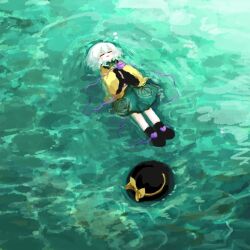 1girl afloat black_boots black_hat blush boots bow buttons closed_eyes collared_shirt commentary_request diamond_button disembodied_linked_eye eyeball floral_print frilled_shirt_collar frilled_sleeves frills green_hair green_skirt green_water hat hat_bow heripantomorrow komeiji_koishi long_sleeves lying medium_hair missing_headwear on_back open_mouth print_skirt ripples river rose_print shirt skirt smile solo touhou unworn_headwear water wide_sleeves yellow_bow yellow_shirt 