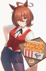  1girl agnes_tachyon_(umamusume) ahoge animal_ears black_bow black_pants bow brown_hair chicken_(food) collared_shirt commentary_request earrings employee_uniform fast_food_uniform food fried_chicken hair_between_eyes highres holding holding_tray horse_ears horse_girl jewelry ketchup kfc lab_coat looking_at_viewer medium_hair o_ko_ge2024 official_alternate_costume pants red_eyes red_vest revision shirt short_sleeves single_earring smile solo tail tray umamusume vest white_shirt wolf_cut 