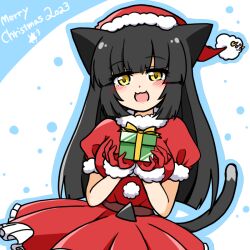  1girl :3 :d animal_ears belt black_hair blush box breasts cat_ears cat_girl chirisazame1 christmas christmas_present commentary_request dress fur-trimmed_dress fur_trim gift gift_box gloves hat kuroneko_yamako large_breasts long_hair looking_at_viewer merry_christmas open_mouth original puffy_short_sleeves puffy_sleeves red_gloves red_hat ribbon santa_costume santa_dress santa_hat short_sleeves sidelocks smile solo standing upper_body yellow_eyes 