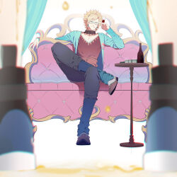  1boy black_pants blonde_hair couch cup dramatical_murder drinking_glass figure_four_sitting full_body glasses highres holding holding_cup male_focus miemia on_couch pants short_hair simple_background sitting solo tongue tongue_out trip_(dramatical_murder) white_background wine_glass 