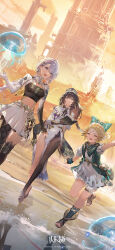  3girls :d ^_^ absurdres annata_(rewinding_cadence) aqua_bow arm_up bag black_boots black_eyes black_gloves black_hair black_pantyhose black_shirt black_shoes blonde_hair book boots bow braid brown_bag brown_boots chinese_commentary cleavage_cutout closed_eyes clothing_cutout coat commentary_request copyright_name copyright_notice cropped_shirt dress dutch_angle fingerless_gloves gloves grey_eyes hair_bow hat highres holding holding_book jellyfish leg_up logo long_dress long_hair low-braided_long_hair low-tied_long_hair low_ponytail miniskirt multiple_girls navel official_art official_wallpaper open-toe_boots open_book open_mouth outdoors pantyhose pata_(rewinding_cadence) pelvic_curtain ponytail puffy_short_sleeves puffy_sleeves recursor_(rewinding_cadence) rewinding_cadence shirt shoes short_dress short_sleeves shorts_under_dress single_leg_pantyhose single_thigh_boot skirt sky sleeveless sleeveless_coat smile teeth thigh_boots tower upper_teeth_only walking water white_dress white_hair white_hat white_skirt white_sleeves yellow_sky 