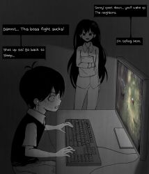  antenna_hair black_hair computer computer_keyboard dark_room english_text highres hollow_knight hollow_knight:_silksong jayfonzil mari_(faraway)_(omori) mari_(omori) omori pajamas pillow playing_games sunny_(omori) sweat 